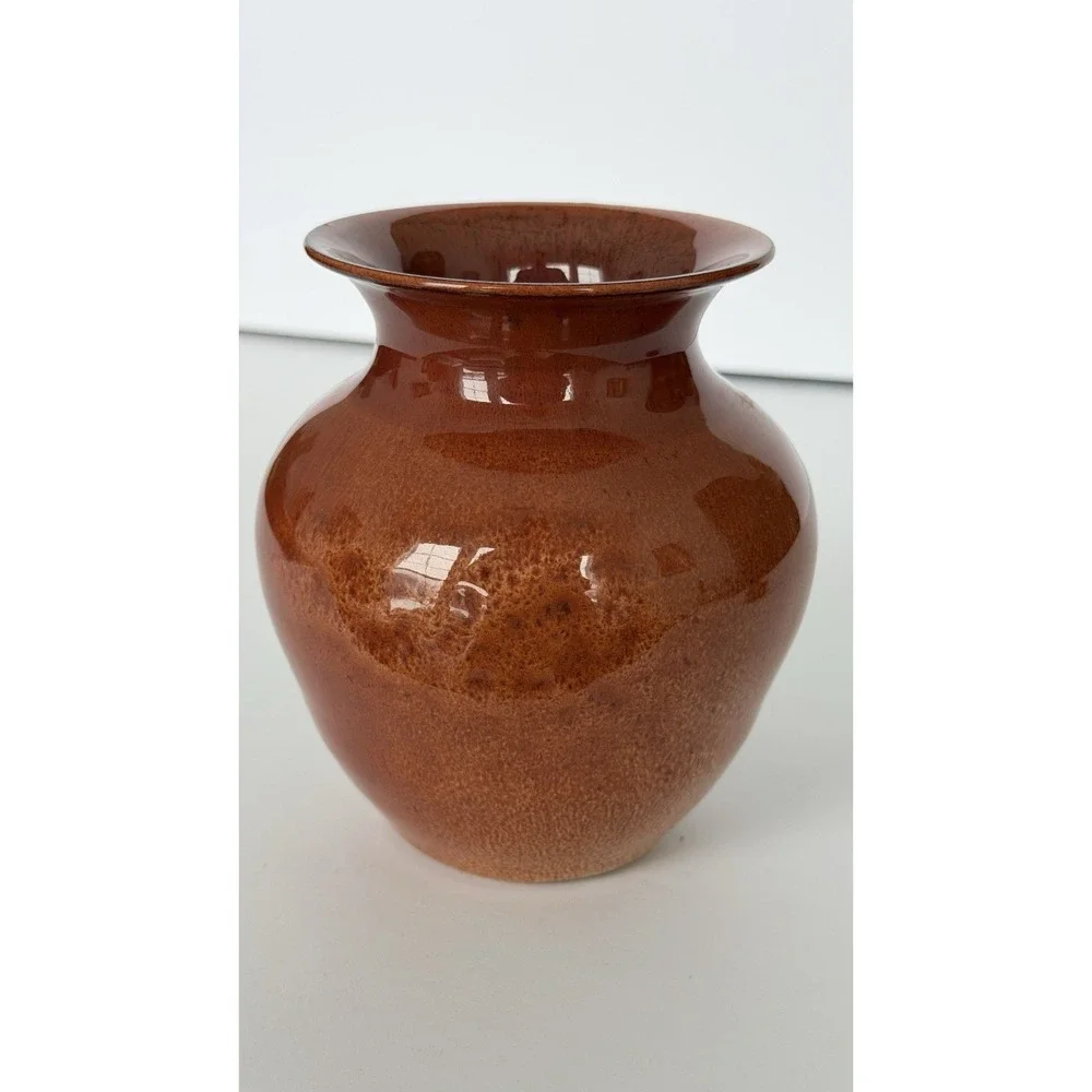 Handmade Earth Tone Glazed Pottery Vase 4 Inch Orange Brown Glossy Clay